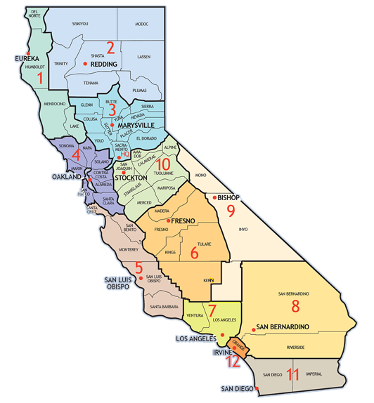 Map of Caltrans districts in California